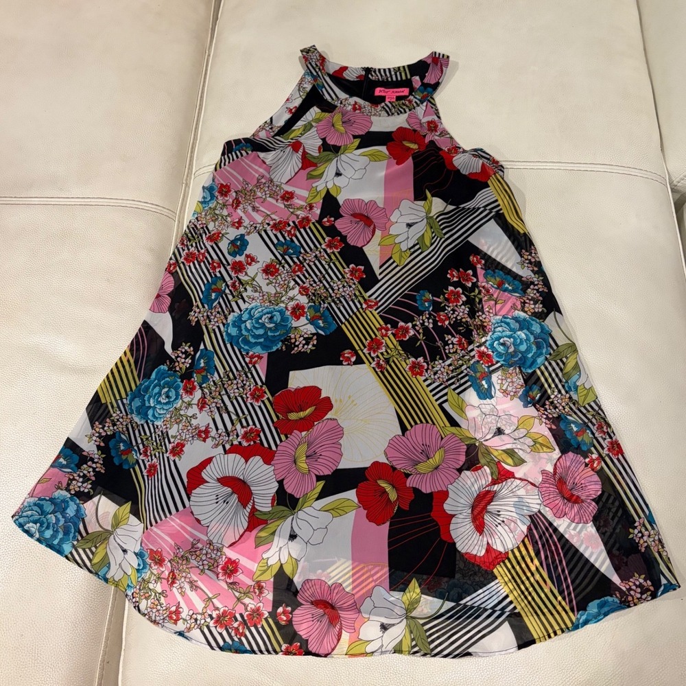 Betsey Johnson Floral Stripe Halter Dress Womens 10 Multi Color Geometric A-Line